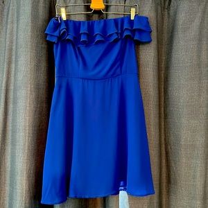 Lulus “Win Your Heart” Cobalt Off-Shoulder Ruffle Dress